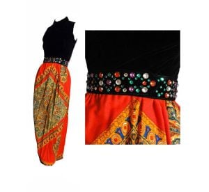 Vintage 60's Maxi Dress Hostess Gown/Black Velvet Halter Top & Red Print Skirt w/Jeweled Belt | XS