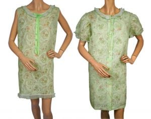 1960s Nightie Peignoir Set Green w Floral Pattern Cotton Blend - Size Large