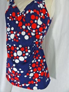 Vintage 60s Swimsuit One Piece Bathing Suit Skirted Low Back Red White and Blue Polka Dots Bubbles - Fashionconservatory.com