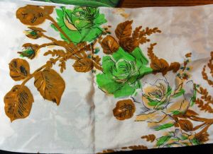 Vintage 50s Silk Scarf Handprinted Brown Turquoise Roses Japan Hand Rolled Hem Fall Accessory - Fashionconservatory.com