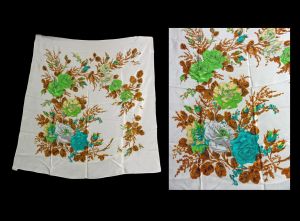 Vintage 50s Silk Scarf Handprinted Brown Turquoise Roses Japan Hand Rolled Hem Fall Accessory