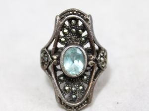 Sterling Ring - Size 5 Statement Large - 1960s 70s Ornate Aqua Blue 