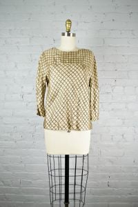 1950s silk beige and black blouse . vintage 50s style top . small - Fashionconservatory.com