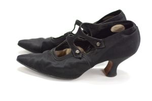 1910s Black Silk Satin Antique Edwardian High End Heels by Laird and Schober | 6.5 Extra Narrow - Fashionconservatory.com