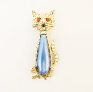 Vintage 1960s AB Rhinestone Kitty Cat Brooch Blue Cat Brooch