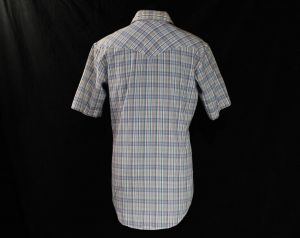 Small Men's Western Shirt - 1970s Rockabilly Cowboy Mens Top - Short Sleeved Blue Maroon White Plaid - Fashionconservatory.com