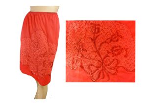 Vintage 60s Half Slip Red Nylon with Floral Applique Lacy Lingerie Bombshell Lingerie | XS to M