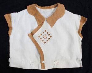 Girls 1930s Romper Top - Size 3T Authentic 30s Child's Linen Shirt - Cocoa Brown & White 