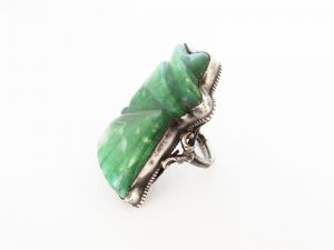 1950s Mexican Sterling Silver and Carved Green Onyx Statement Ring Size 5 Novelty Man in Hat Ring