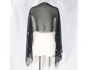 50s Polka Dot Scarf - Black Sheer Chiffon Long Rectangular Wrap - Turquoise Blue & Metallic Gold Ray - Fashionconservatory.com