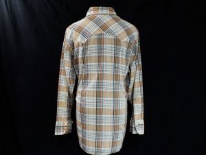 Men's Large Levi's Western Shirt - Long Sleeve Cowboy Shirt - 1970s 80s Tan Orange Rust Green Plaid  - Fashionconservatory.com