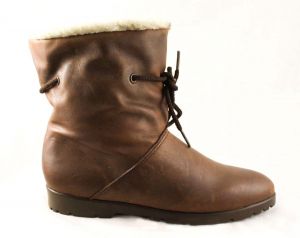 Size 6 1/2 Slouch Boots - 1990s Unworn Deadstock - Brown Leather & Faux Fleece Winter Ankle Boot - Fashionconservatory.com