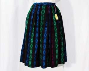 XXS 1950s Pleated Skirt - Folk Style Harlequin Diamond Wool Tweed Stripes - Size 2 Winter Fuschia 