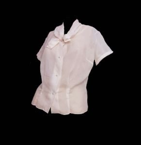Vintage 50s Blouse Sheer Nylon Blush Pink Blouse Bow Collar Short Sleeve Secretary Blouse Le Charme - Fashionconservatory.com