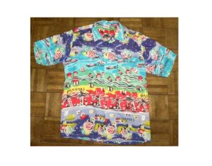 80s COLORFUL Rayon Hawaiian Shirt Aloha Beach | Bright Turtle Print | 42'' Chest
