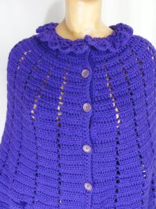 Purple Boho Hippie 70s Poncho Sweater Cape Fringed One-Of-A-Kind Hand Knit Buttons - Fashionconservatory.com