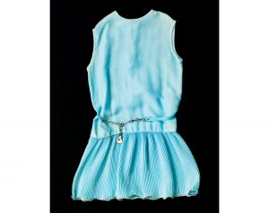 Girls Size 8 Flapper Style Dress - Mod 1960s Child's Blue Summer Shift with Chain Belt - 60s Mini