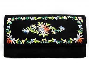 Asian Black Evening Handbag with Exquisite Embroidery - 1950s Formal Purse - Burnt Orange Blue Green