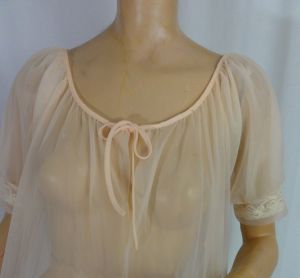 Vintage 60s Robe Blush Nude Beige Super Sheer Chiffon Lacy Lingerie Peignoir Pin Up Dressing Gown - Fashionconservatory.com