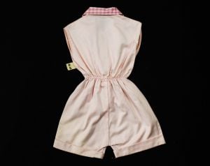 Size 4T Girl's 1950s Pink Romper - Terrific 50s Rosie The Riveter Child's Coverall with Gingham  - Fashionconservatory.com