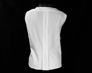 Size 10 1950s Summer Shirt - Medium 50s Sleeveless White Cotton Top with Tartan Plaid Trim - Casual  - Fashionconservatory.com