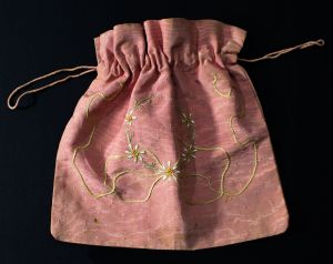 1900s Arts & Crafts Pink Moire Purse - Authentic Antique Drawstring Bag - Hand Embroidered Laurel 