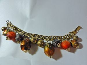 Vintage 50s Beaded Coro Charm Bracelet Autumn Tone Brown Orange Plastic Sugar Beads Goldtone Chain