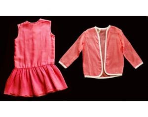Girls Size 8 to 10 Dress - Mod 1960s Child's Pink Summer Sheath Pleated Skirt & Sheer Jacket
