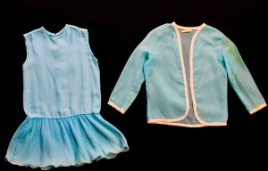 Girls Size 8 Flapper Style Dress - Mod 1960s Child's Blue Summer Sheath Pleated Skirt & Sheer Jacket