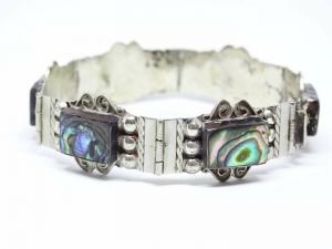 1950s Sterling and Abalone Hinged Panel Bracelet Iguala Mexico