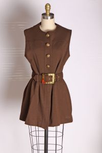 1960s Chocolate Brown Gold Tone Buttons Belted Tunic Blouse by Loubella -M - Fashionconservatory.com