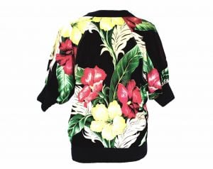 Large 1940s Style Tropical Floral Top - Black Pink Green Chartreuse Cotton Casual Blouse - Terrific  - Fashionconservatory.com