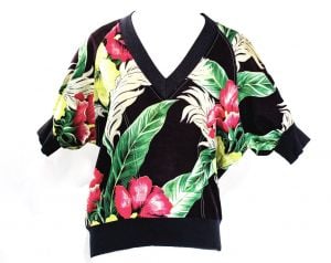 Large Tropical Floral Top - Black Pink Green Chartreuse Cotton Casual Blouse - Terrific 