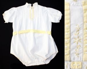 Charming 1920s Toddlers White Cotton Chemise Style Romper with Yellow Art Nouveau Embroidery