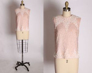 1950s Powder Pink and White Sequin and Beaded Swirl Pattern Wool Blouse by House of Gold - S