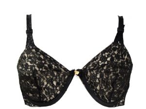 Size 38B 1950s Bra - Black Sheer Lace with Illusions Caps - Sexy 50s Pin Up Lingerie - Madison Ave 