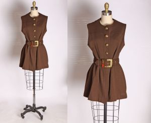 1960s Chocolate Brown Gold Tone Buttons Belted Tunic Blouse by Loubella -M