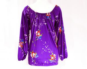 Size 10 Peasant Shirt - 1980s Purple Floral Polyester Knit Top - 80s Colorful Casual Blouse - Fashionconservatory.com