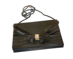 80s Black Satin BOW Evening Bag Rhinestone Shoulder Bag Clutch 
