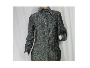 70s Evening Party Blouse Metallic Lurex Silver & Black Rhinestone Buttons by Personal Leslie Fay - Fashionconservatory.com