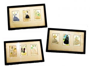 Madrid Spain Set of 3 Framed Pictures - Embroidered Authentic Vintage Postcards - Spanish Señoritas