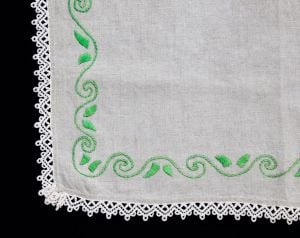 Spearmint Green Embroidered Tablecloth - Oatmeal Natural Linen with Leaves Embroidery - Fashionconservatory.com