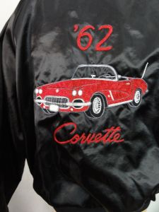 Vintage '62 CORVETTE Men's Satin Embroidered Black Bomber Jacket Lined Windbreaker | L/XL - Fashionconservatory.com