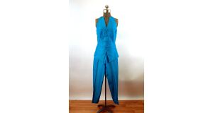 1990s pant suit Linda Segal turquoise two piece set vest and pants Size 6 Size S - Fashionconservatory.com