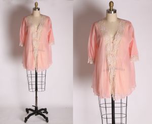 1960s Pale Powder Pink Nylon and Off White Lace Button Down Pajama Bed Jacket Top - XXL