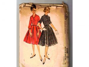 1950s Shirtwaist Dress Sewing Pattern - Two Styles of Sleeves - Dated 1959 Unused Complete - Bust 34