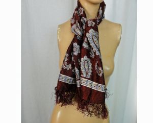 Vintage 1940s Fringed Mens Silk Scarf Opera Scarf Ascot Maroon Red/ Brown Paisley Print - Fashionconservatory.com