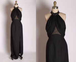 1970s Rhinestone Studded Collar Halter Top Black Formal Open Back Sheer Midriff Cocktail Dress