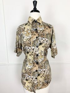 Vintage 1990's Animal Print Rayon Button Down Top | Made by Jeri Maque | Bust 42'' | Waist 40''