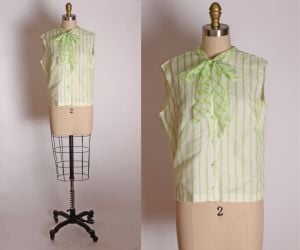 1960s White and Lime Green Striped Sleeveless Pussybow Shirt Blouse by Camilla - L/XL